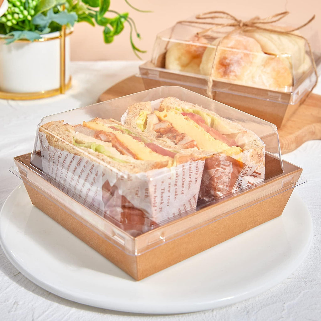 ZORRITA 50 Pack 5 Inch Paper Charcuterie Boxes with Clear Lids, Square To Go Cake Slice Containers Small Kraft Bakery Boxes for Dessert, Cookies, Sandwich, Strawberries (Brown)