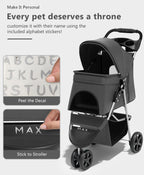 OS MOTOR Pet Stroller with 3 Wheels for Small/Medium Pets, Portable Travel Foldable Carrier Jogger for Dog Cat Puppy Kitty, Rear Wheel Breaks, Storage Basket, Visible Mesh with Weather Cover (Black)
