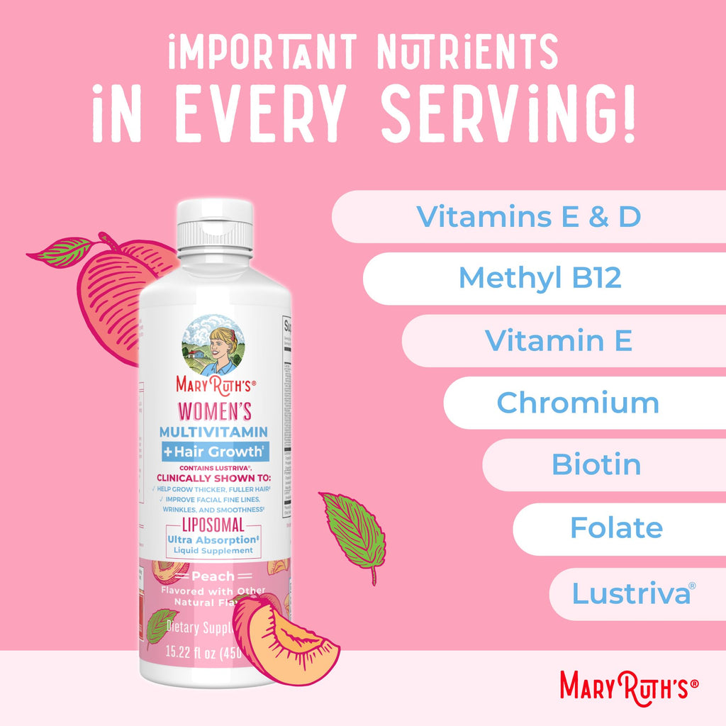 MaryRuth Organics Women's Multivitamin + Lustriva Hair Growth Liposomal | Biotin 10000mcg | Clinically Tested for Thicker, Fuller Hair, Improved Facial Fine Lines & Wrinkles | Ages 18+ | 15.22 Fl Oz