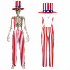 Funnysoft 4th of July 12ft Skeleton Outfits, Patriotic Giant Skeleton Costume with USA Star Pattern Hat, Independence Day White Red Striped Overalls for Garden Lawn Decor 250th Anniversary Celebration