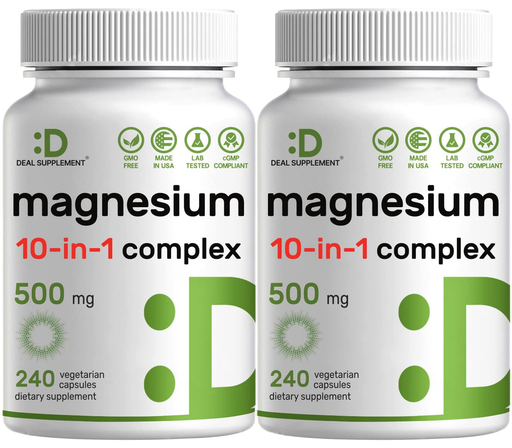 Magnesium Complex 500mg, 480 Veggie Capsules – Pack of 2 | 10-in-1 Glycinate, Citrate, Malate, Oxide, & More – 100% Chelated for Easy Absorption – Essential Mineral Supplement – Non-GMO