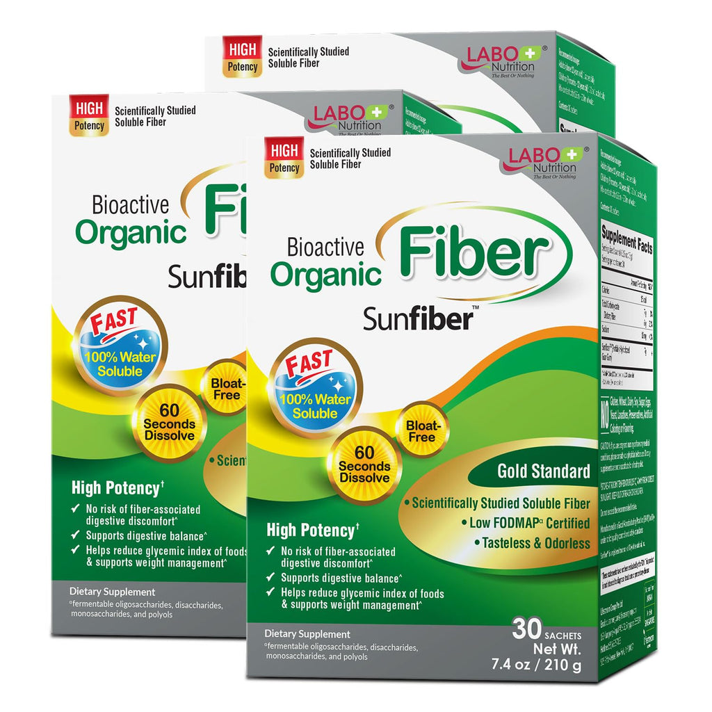 LABO Nutrition Bioactive Organic Fiber – Sunfiber PHGG Soluble Prebiotic Fiber - Digestive Regularity & Gut Health – Partially Hydrolyzed Guar Gum, Low FODMAP, Unflavored, Vegan, Non-GMO, 30 Sachetsx3