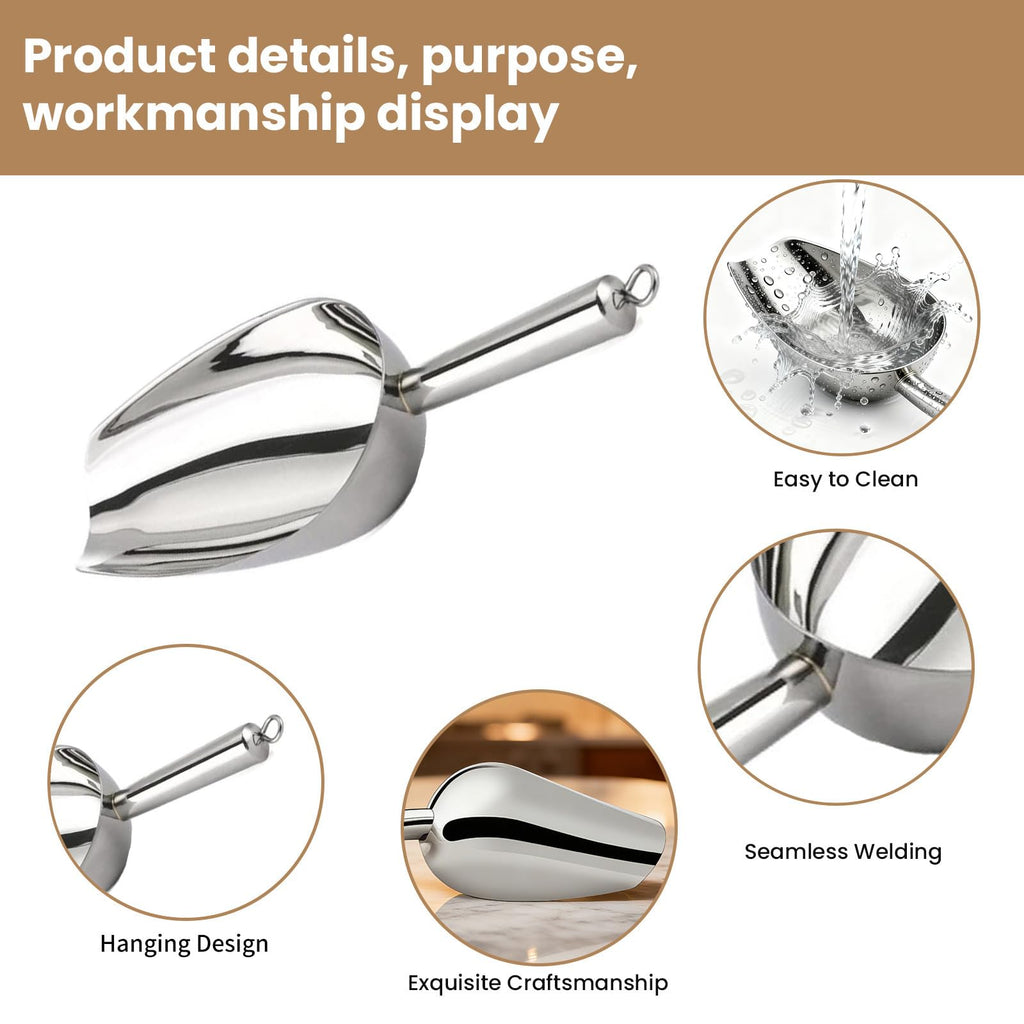 12 Oz 304 Stainless Steel Ice Scoop with Magnetic Hook - Heavy Duty Commercial Ice Shovel for Ice Maker & Freezer, Large Scooper for Bar, Kitchen, Party & Pet Food, Easy to Clean (Silver)