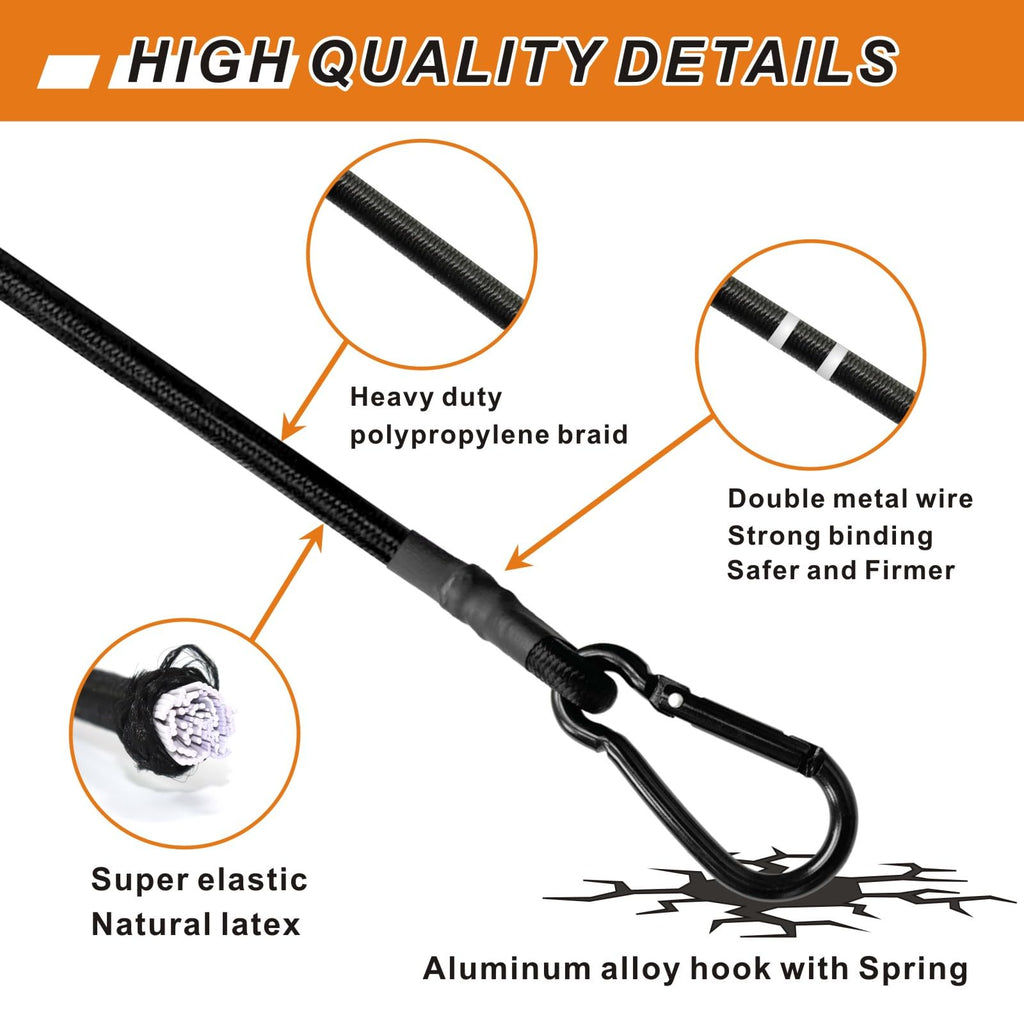 BEXSLE Bungee Cords with Carabiner Hooks Heavy Duty, Outdoor Black Bungee Straps, Strong Industrial Grade Elastic Bungee Rope for Securing Tarps, Luggage, Tents，Bikes, 12in + 24in + 48in，8pcs