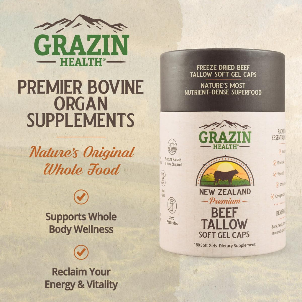 GRAZIN HEALTH Beef Brain Capsules | Freeze-Dried Bovine Brain & Organ Blend from Grass-Fed Cattle | Non-GMO, Hormone-Free Supplement | 1500mg Brain + 1500mg Liver Blend per Serving | 30 Servings