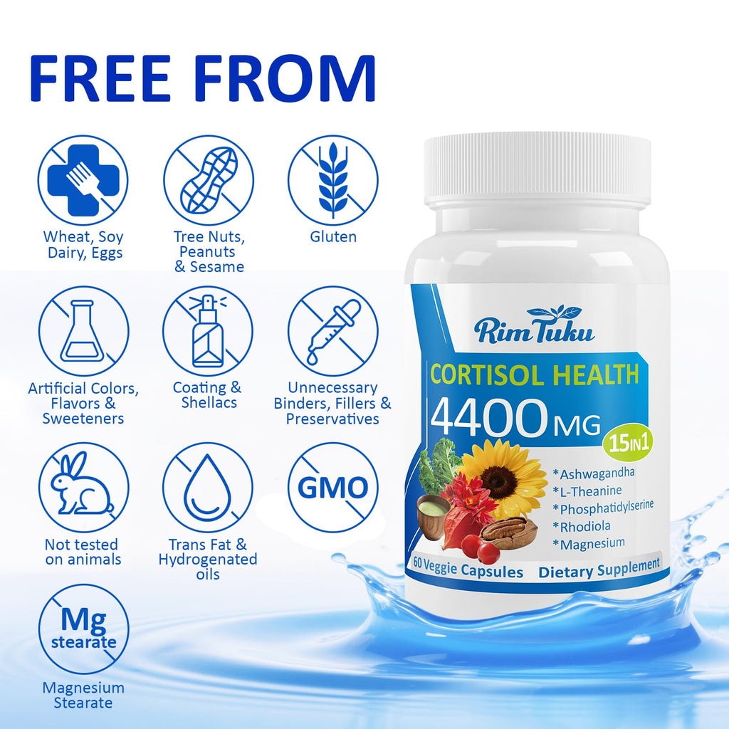 RimTuku Cortisol Supplements for Women & Men -15-in-1 Cortisol Detox for Women, Cortisol Manager & Reducer with Ashwagandha, Rhodiola Rosea Supports Stress Relief, Adrenal Balance, 120 Capsules