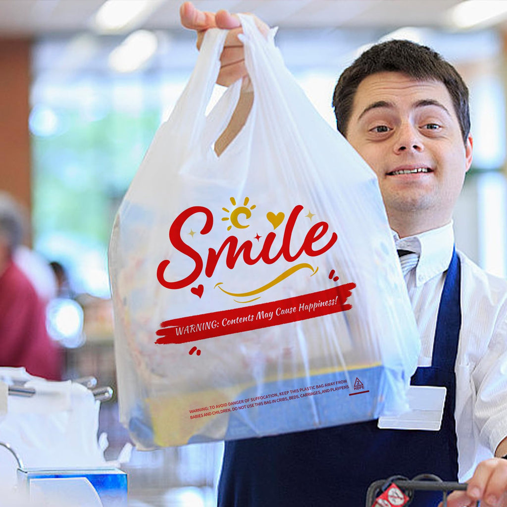TGEONIX 200 Pack Upgraded White Thank You T-Shirt Bags - 11.5"x6.5"x21" Reusable Grocery Bags with Handles, Eco-Friendly Retail Packaging for Supermarket & Small Business
