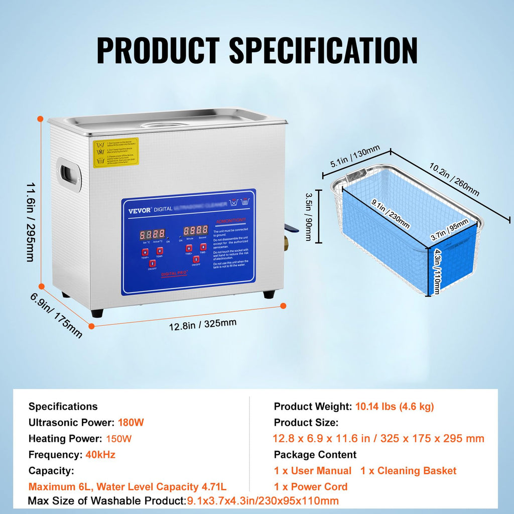 VEVOR 6L Commercial Sonic Cleaner, 40kHz Professional Cleaning Machine with Digital Timer & Heater, 110V - Ideal for Watches, Instruments, and Industrial Parts, FCC/CE/RoHS Certified