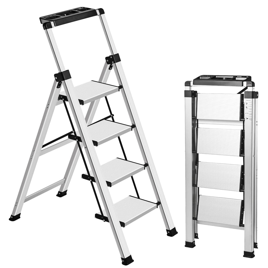 XinSunho 4 Step Ladder, Aluminum Folding Stool with Retractable Handgrip