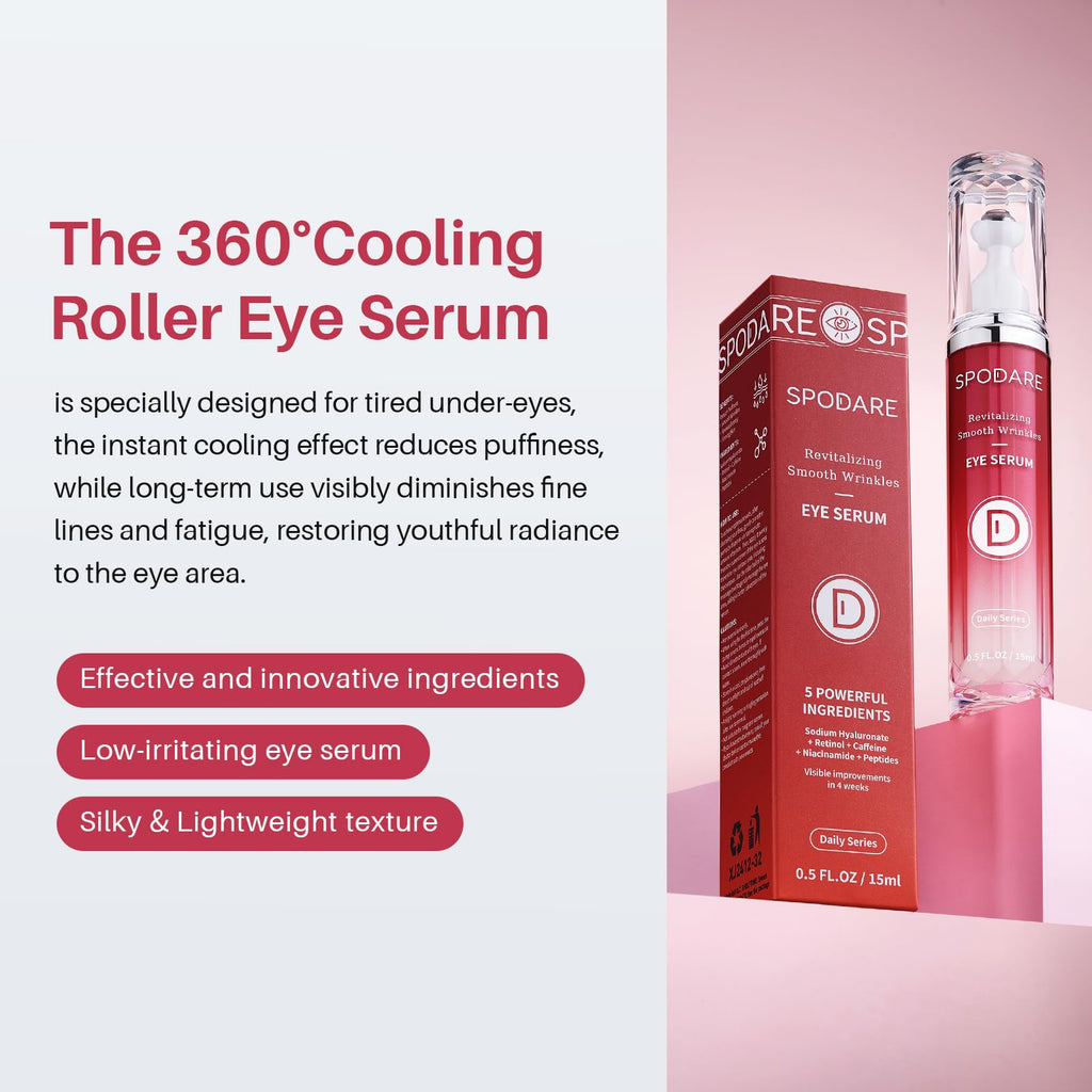 SPODARE Caffeine & Retinol Eye Serum for Dark Circles, Puffiness and Wrinkles, Under Eye Cream with Hyaluronic Acid, Niacinamide & Peptides, Roller Serum with 360°Massage Ball - 0.5 fl. oz