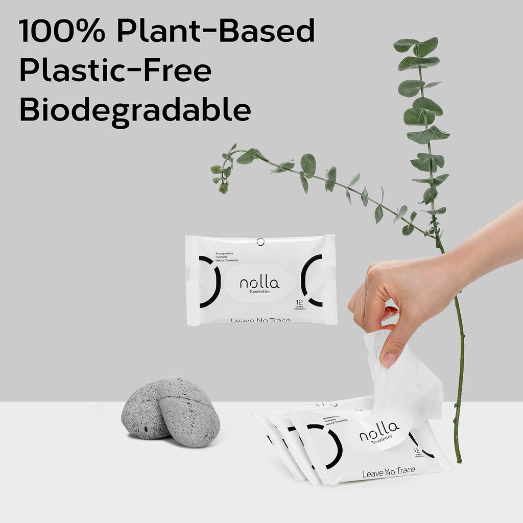 Nolla Flushable Wipes Travel Packs, 100% Plant-Based, Plastic-Free and Biodegradable - Unscented + Soothing Aloe and Vitamin E 240 Count (20 Packs of 12)