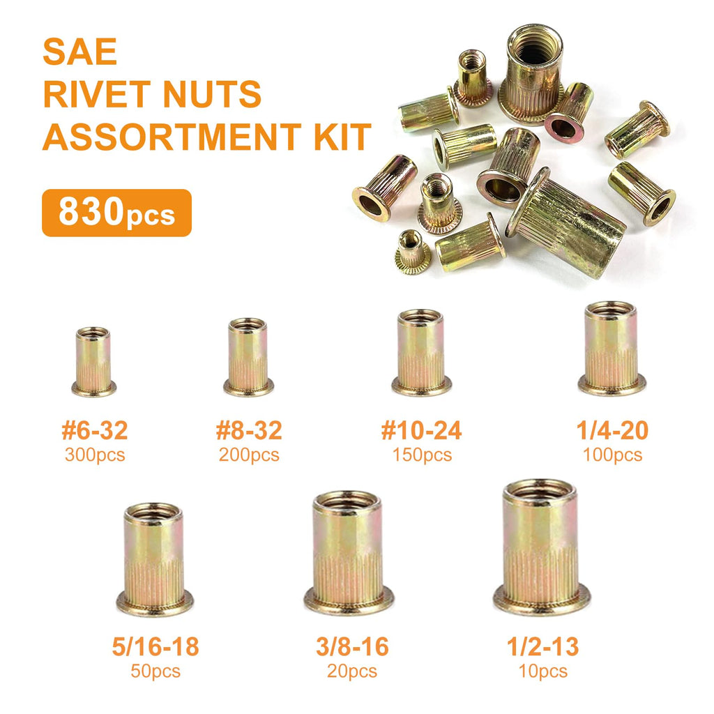 Trivd Frol Rivet Nut Tool Kit, 830pcs SAE/Metric Rivet Nut Assortment Kit #6-32, #8-32, #10-24, 1/4-20, 5/16-18, 3/8-16, 1/2-13, w Galvanized Carbon Steel Flat Head Threaded Insert Nuts (SAE - 830pcs)