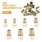 Trivd Frol Rivet Nut Tool Kit, 830pcs SAE/Metric Rivet Nut Assortment Kit #6-32, #8-32, #10-24, 1/4-20, 5/16-18, 3/8-16, 1/2-13, w Galvanized Carbon Steel Flat Head Threaded Insert Nuts (SAE - 830pcs)