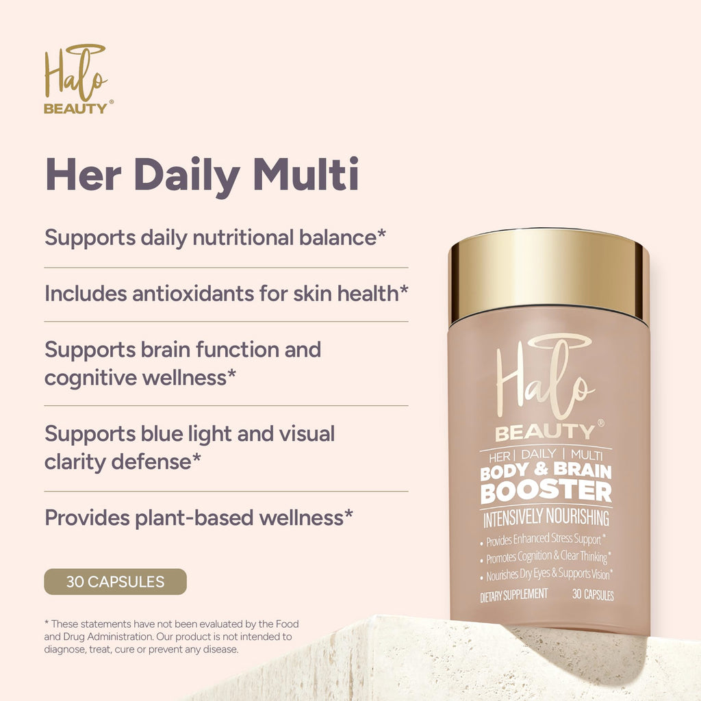Halo Beauty Her Daily Multi | Women’s Multivitamin Supplement | Daily Energy, Mental Clarity, Brain & Overall Wellness Support with B6, D3 & Zinc | Vegan Daily Capsules | 1-Month Supply