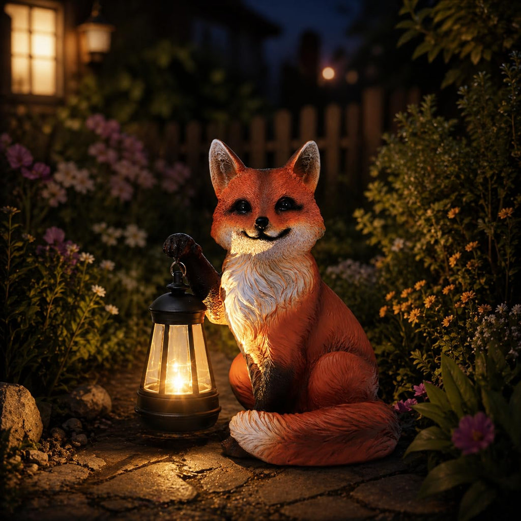 Solar Fox Garden Statue with Lantern, Woodland Fox Outdoor Decor, 9 inch
