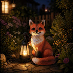 Solar Fox Garden Statue with Lantern, Woodland Fox Outdoor Decor, 9 inch