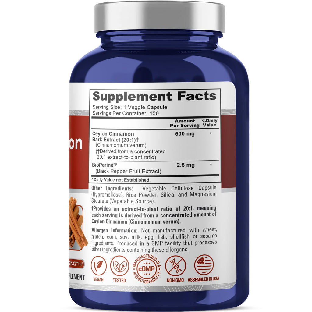 NusaPure Ceylon Cinnamon, 500 mg, 150 Veg Capsules (Non-GMO, Vegan)