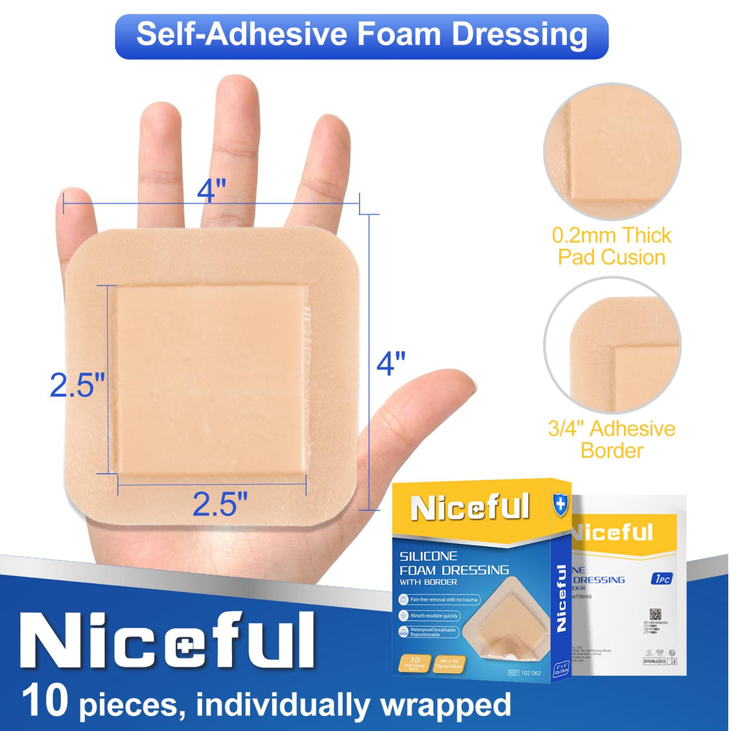 Silicone Foam Dressing 4"x4"(10 PCS), Waterproof Silicone Large Bandages for Wound with Border Adhesive, High Absorbency Bed Sore Bandages Wound Care Dressing (2.5"X2.5" Pad)