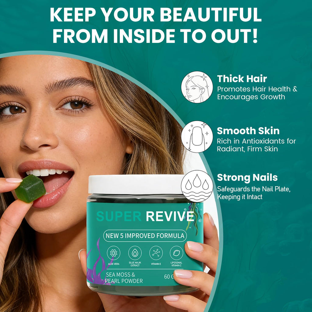 caicieter Super Revive Gummies for Hair Loss - Sea Moss Gummies with Vitamin C, E, Aloe Vera & Pearl Powder Glow, Promotes Thicker, Fuller & Stronger Hair - 60 Count