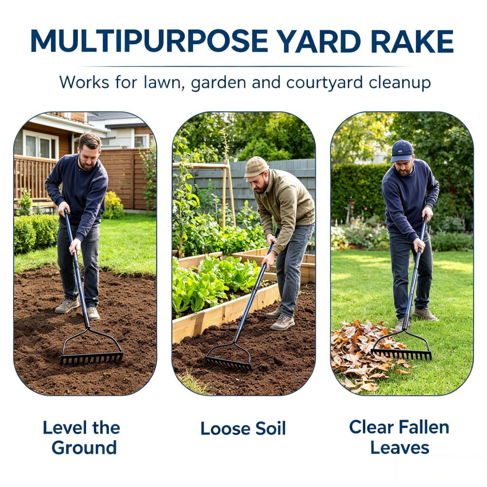 WIKER Heavy Duty Steel Garden Rake, 57 Inch Fiberglass Long Handle with 14 Tempered Tines, One-Piece Non-Slip Yard Rake for Soil, Gravel, Leaves, Gardening & Landscaping