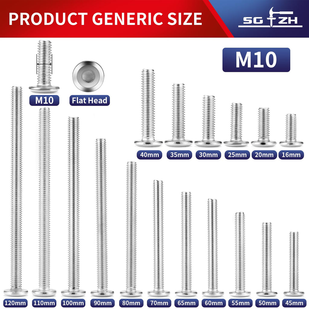 M10 x 45mm 20Pcs Flat Head Hex Socket Cap Screws Bolts, 304 Stainless Steel 18-8, Full Thread by SG TZH (with Hex Spanner)