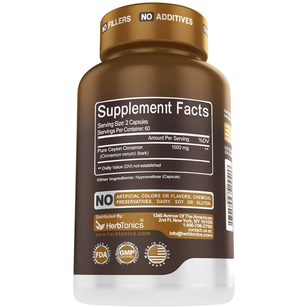 Herbtonics Pure Ceylon Cinnamon Capsules | Immune System, Healthy Weight Management | Non-GMO, Gluten Free | 1500 Mg - 120 Capsules