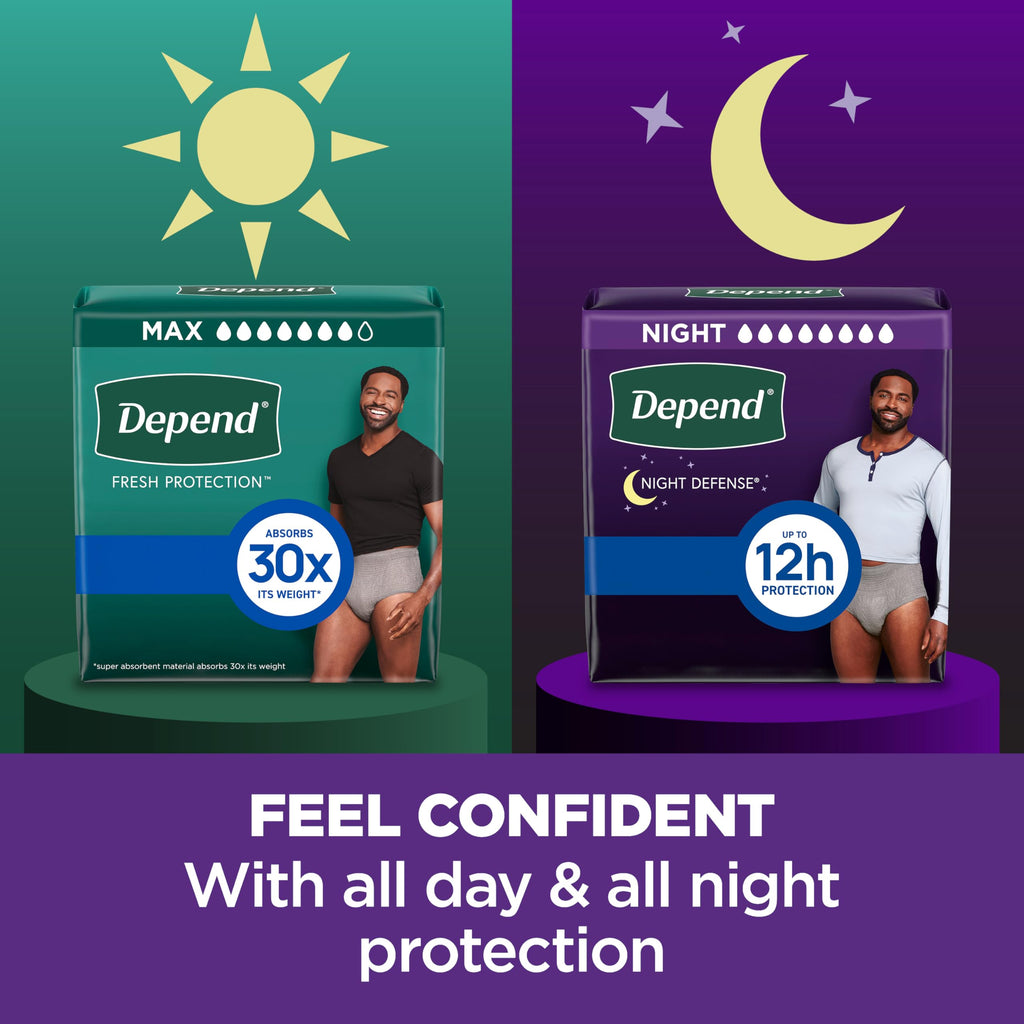 Depend Night Defense Adult Diapers, Incontinence Underwear for Men, Disposable, Overnight, Large, Grey, 56 Count (4 Packs of 14), Packaging May Vary