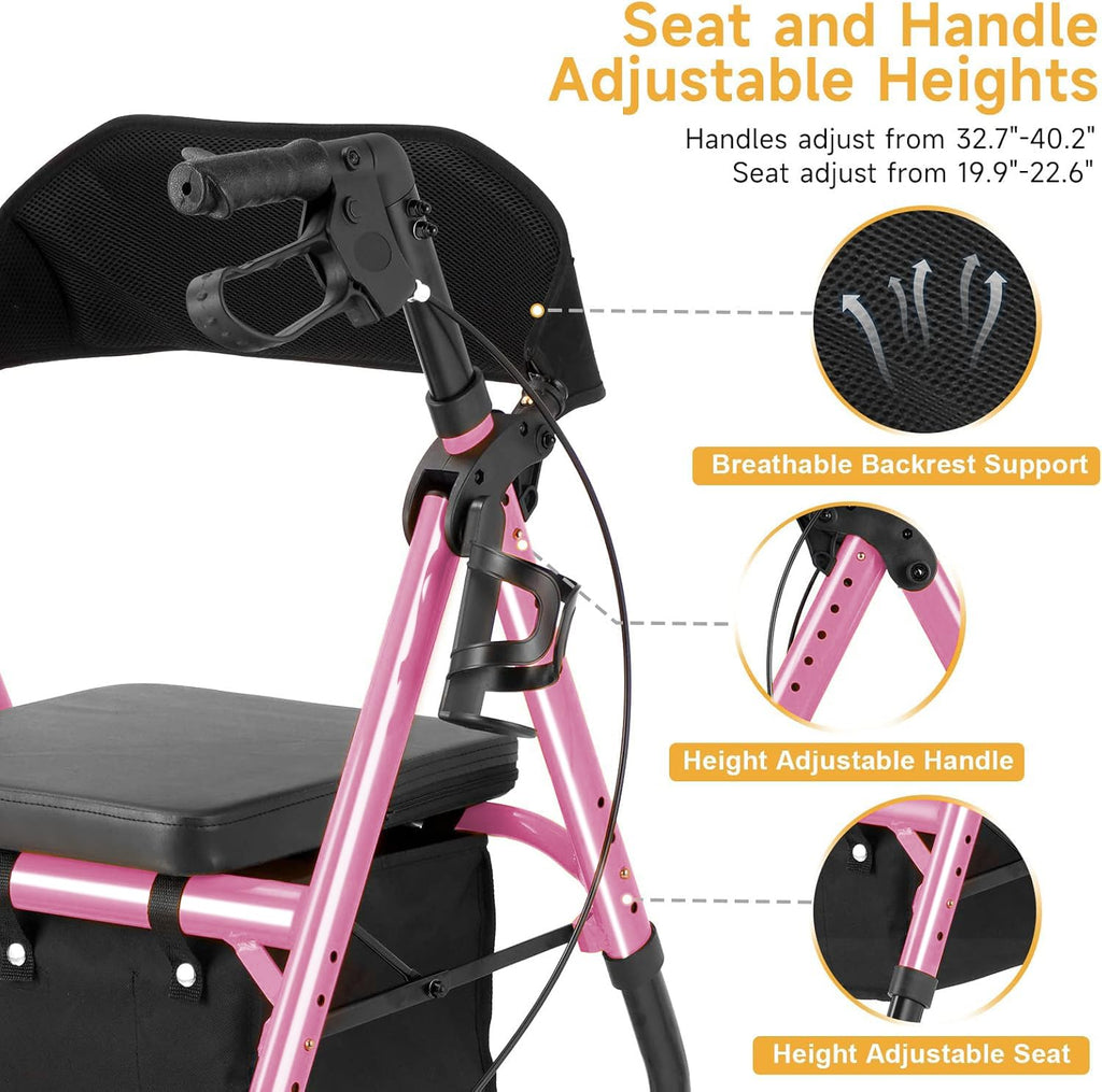 Flyingjoy Lightweight Rollator Walker with Seat & Backrest - Foldable Mobility Aid for Seniors, 8" Airless Tires, Adjustable Height, 300 lbs Capacity, 4 Wheel Rolling Walkers for Seniors Pink
