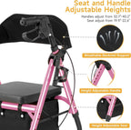 Flyingjoy Lightweight Rollator Walker with Seat & Backrest - Foldable Mobility Aid for Seniors, 8" Airless Tires, Adjustable Height, 300 lbs Capacity, 4 Wheel Rolling Walkers for Seniors Pink