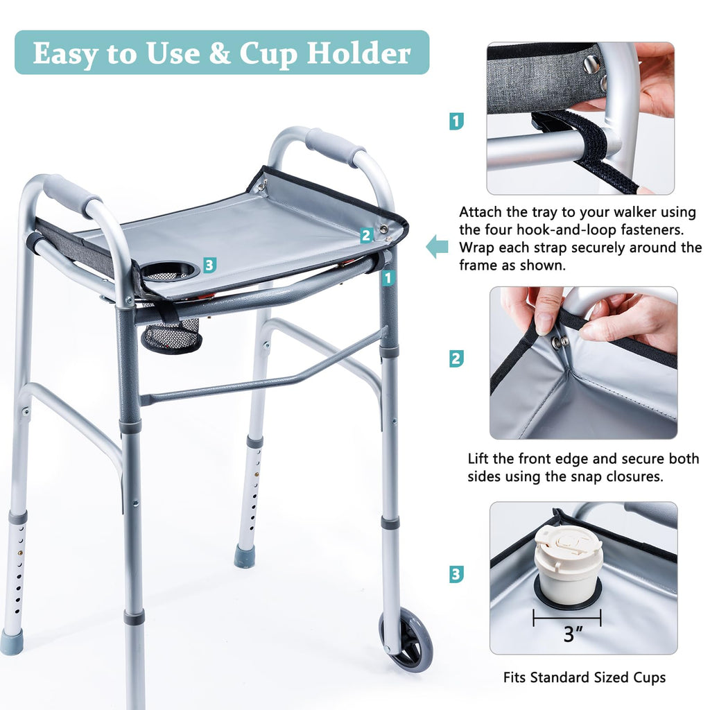 BAGSFY Walker Tray with Cup Holder – Hard Top Walker Accessory for Seniors – Folding Walker Table for Meals, Reading, Drinks – Non-Slip, Easy Install, Universal Fit