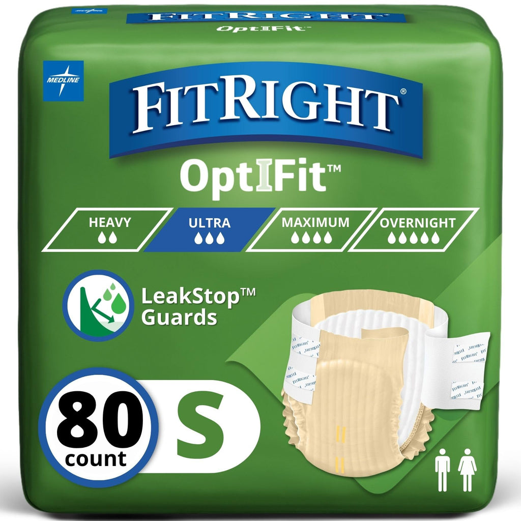 FitRight Adult Diapers, Ultra Heavy Absorbency, S (Waist Size 20in-32in), 80 Count, OptiFit Incontinence Briefs for Men and Women, Disposable, Moisture-Wicking, Leak Protection,