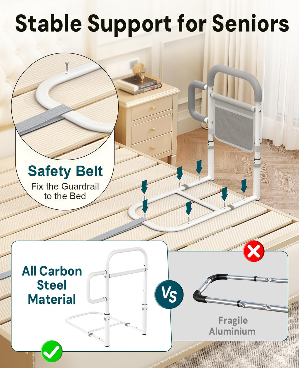 Bed Rails for Elderly Adults Safety, with Double Non-Slip Handle & Storage Pouch, Fits Most Bed Sizes, Bed Assist Rails for Seniors and Post-Surgery,Reduce Falls & Support Independence