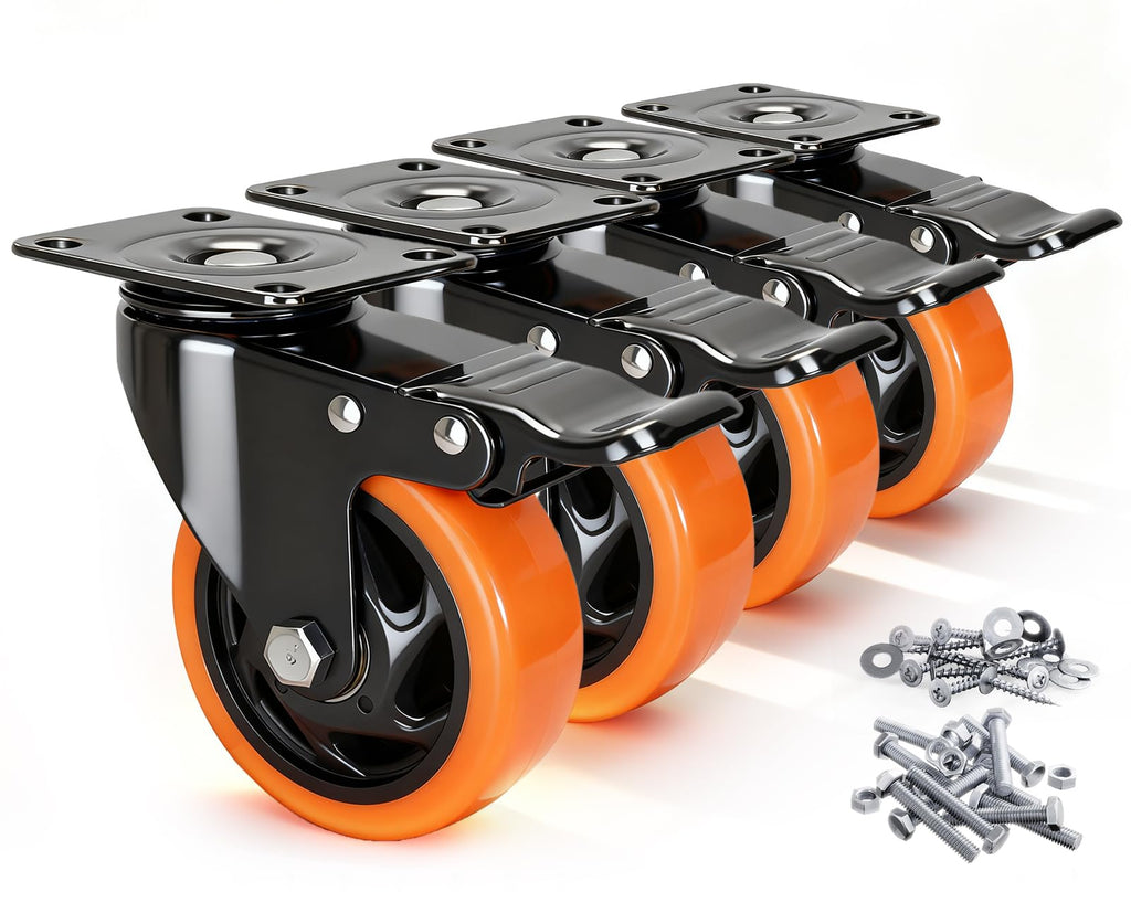 Caster Wheels, 4 Inch Caster Set of 4, Dual Locking PU Casters 2400LB, Swivel Casters for Furniture, Workbench & Tool Cart – Quiet, Floor Safe, Smooth Rolling