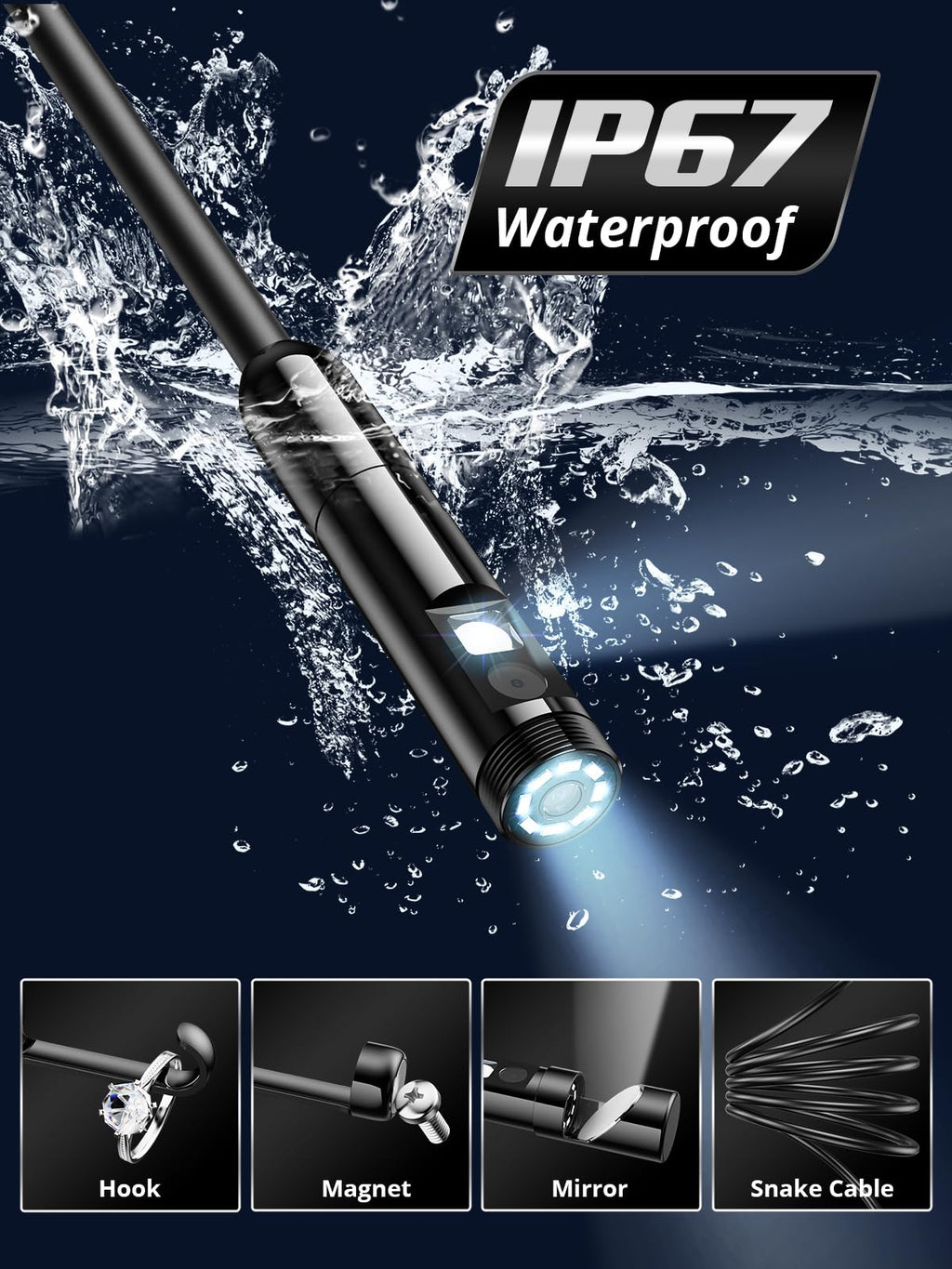 Acoath Endoscope Camera with Light, Dual-Lens 1920P HD Borescope with 8 Adjustable LED Lights, IP67 Waterproof Boroscope Inspection Tools, 16.4ft Semi-Rigid Snake Camera for iOS & Android
