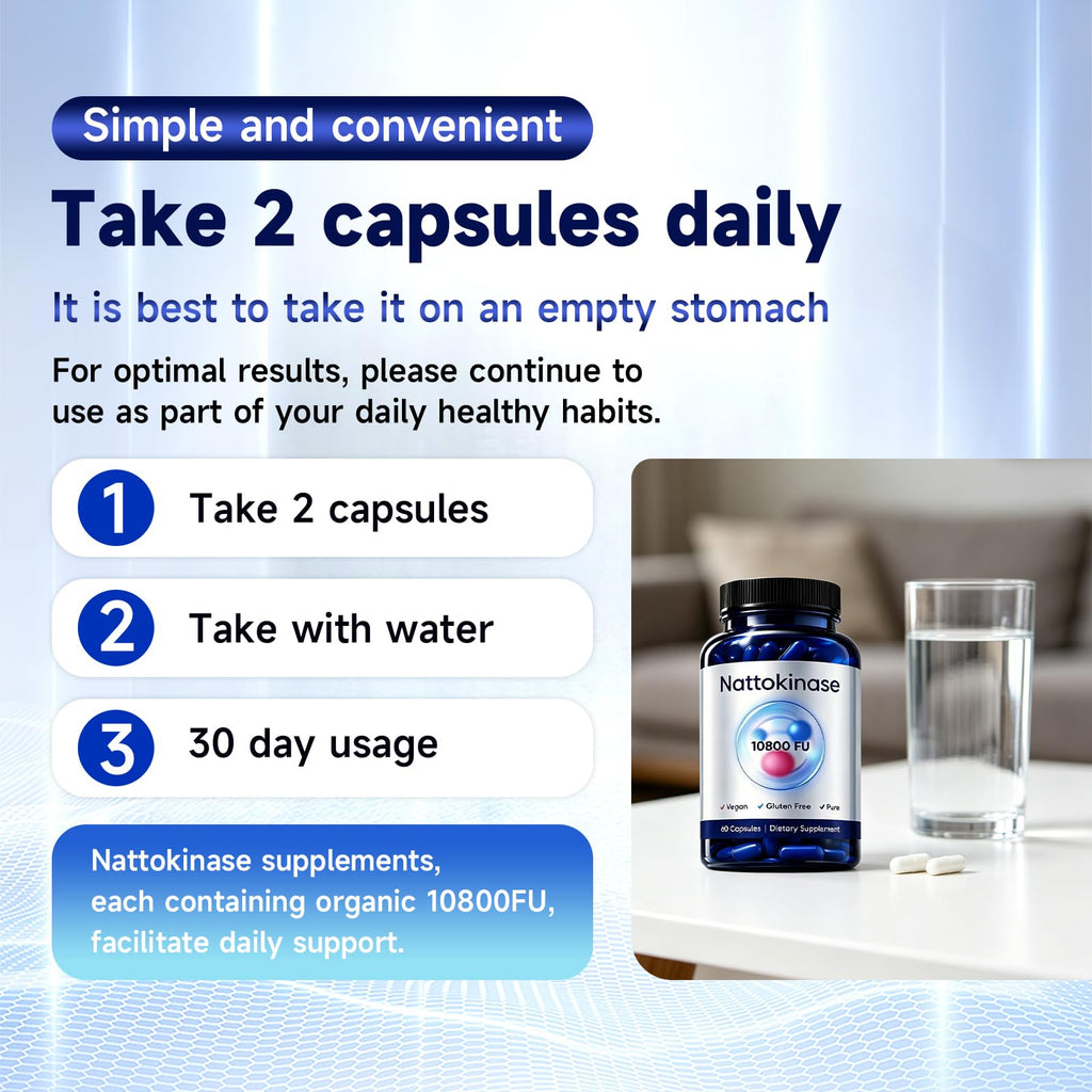 Xhnbbghao Ultimate Nattokinase Capsules, Nattokinase Supplement 10800 FU Per Serving, Serving for Body Health, and Daily Wellness Support, Vegan, Gluten Free, 60 Capsules