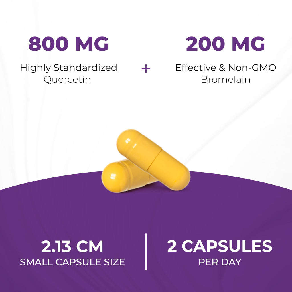 Quercetin with Bromelain Vegetarian Supplement Capsules | 120 Count (1000mg Per Serving 2400 GDU/g) | Supports Healthy Immune System, Helps With Seasonal Allergy Support | High Absorption Antioxidant
