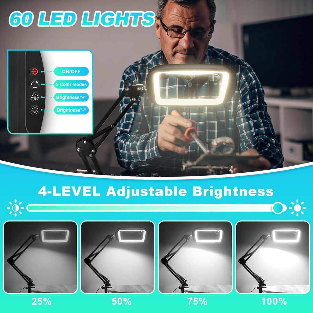 10X 30X Extra Large Magnifying Glass with Light and Clamp, Rectangle Hands Free Magnifier with 5 Color Modes, Adjustable LED Lighted Magnifying Desk Lamp for Reading Close Work Craft Painting (Black)