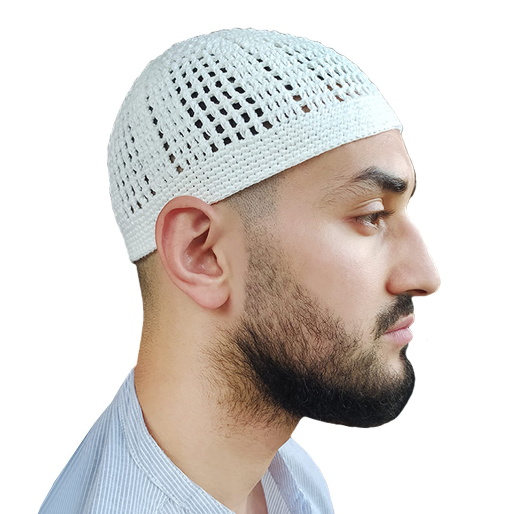 TheKufi White Kufi Hat Tight & Loose Weave Mix Crocheted Comfortable Cotton Muslim Kufi Topi Skull Prayer Cap (XS)