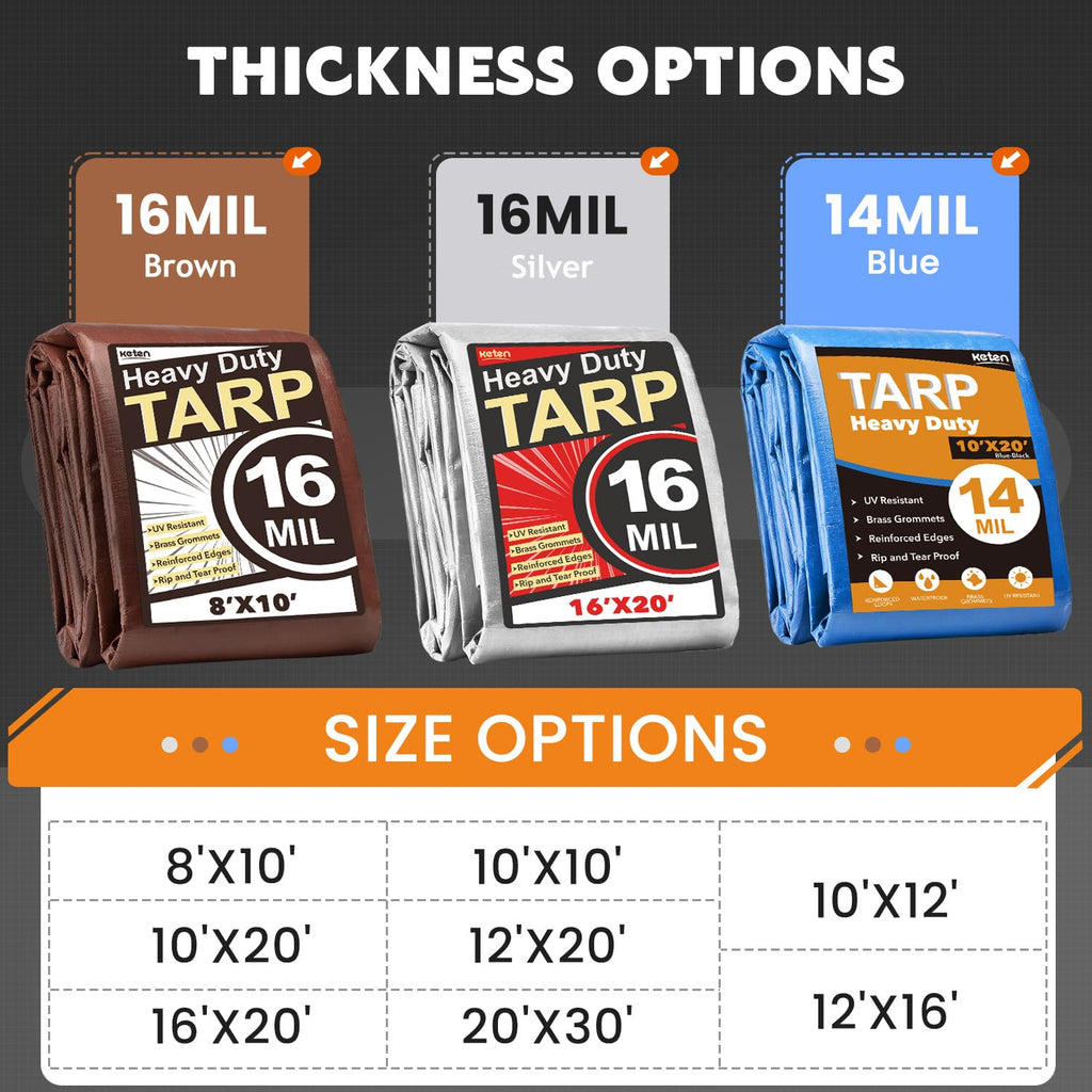 Keten Tarps Heavy Duty Waterproof 12x20 Feet, Extra Thick 16 Mil (Silver)