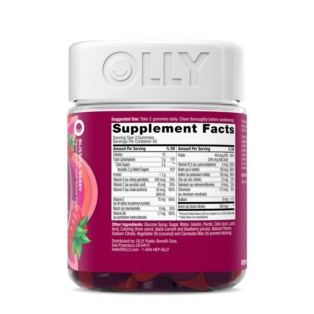 OLLY Women's Multivitamin Gummy, Women's Overall Wellness,* Vitamins A, C, D, E, Biotin, Folic Acid, Adult Chewable Supplement, Berry Flavored, 65 Day Supply - 130 Count
