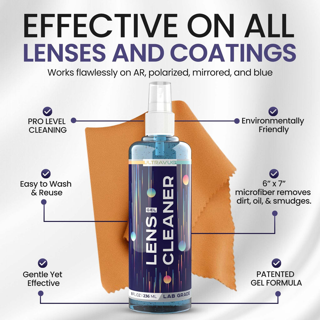ULTRAVUE Eyeglass Gel Lens Cleaner Spray Kit - 2 x 8oz and 1 x 2oz Gel Eyeglasses Cleaner Spray Bottle + 2 Microfiber Cloth for Cleaning - Safe for All Lenses (AR Coated Included)