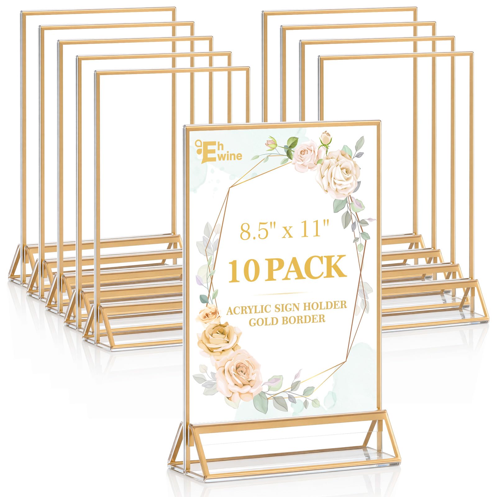 EHWINE 10 Pack 8.5×11 Clear Acrylic Sign Holder with Gold Borders and Vertical Stand, Double Sided Table Menu Holders Picture Frames for Wedding Table Numbers, Restaurant Signs, Photos and Art Display