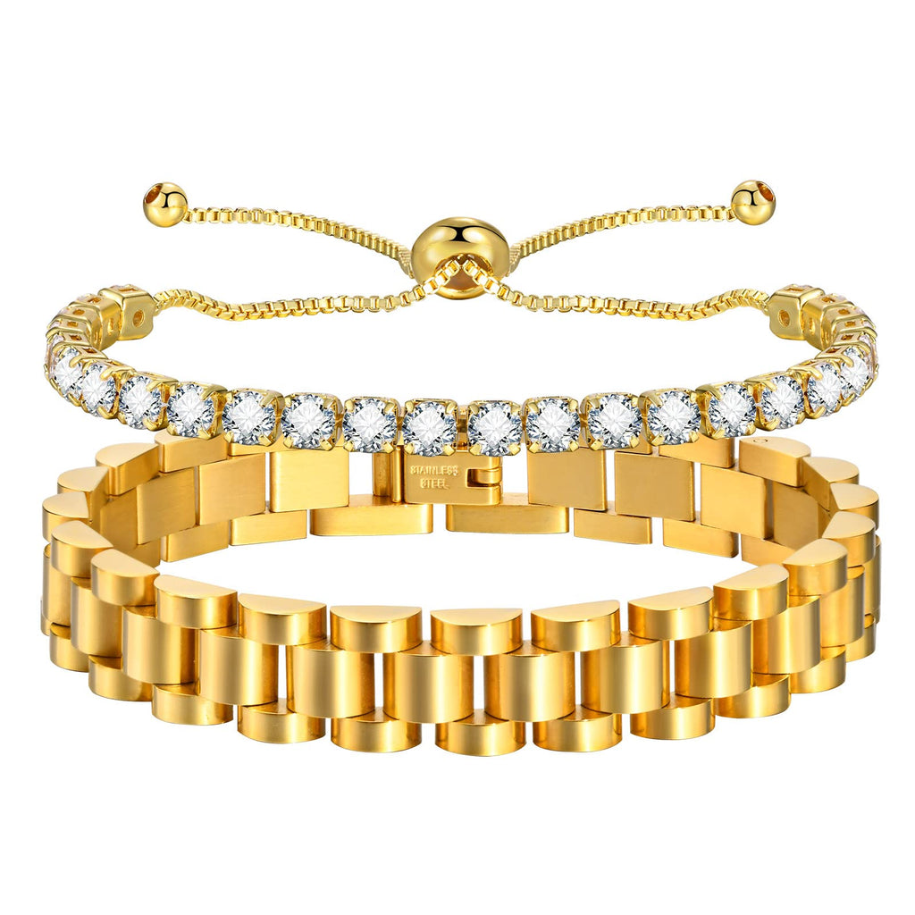 MPRAINBOW 2pcs 18K Gold Plated Chain Link Bracelet, Stainless Steel Crystal Friendship Bracelets Bangle,Watch Band Chains Wristband Jewelry with Adjust Tool