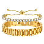 MPRAINBOW 2pcs 18K Gold Plated Chain Link Bracelet, Stainless Steel Crystal Friendship Bracelets Bangle,Watch Band Chains Wristband Jewelry with Adjust Tool