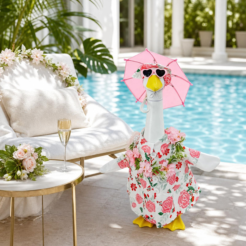 Summer 23" Pink Floral Porch Goose Set w/ Hat, Umbrella & Heart Sunglasses