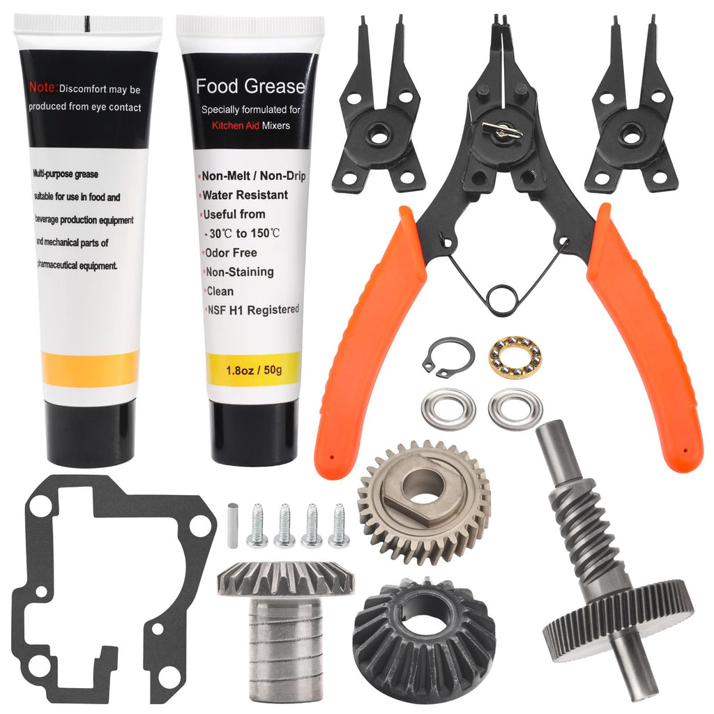 Worm Gear Kit 9706529, 9709511, 9703337, 9709231 Compatible With Whirlpool/KitchenAid 5QT & 6QT Stand Mixer with Worm Gear, Food Grade Grease, Retaining Ring Pliers, Mixer Bevel Gear Kit etc
