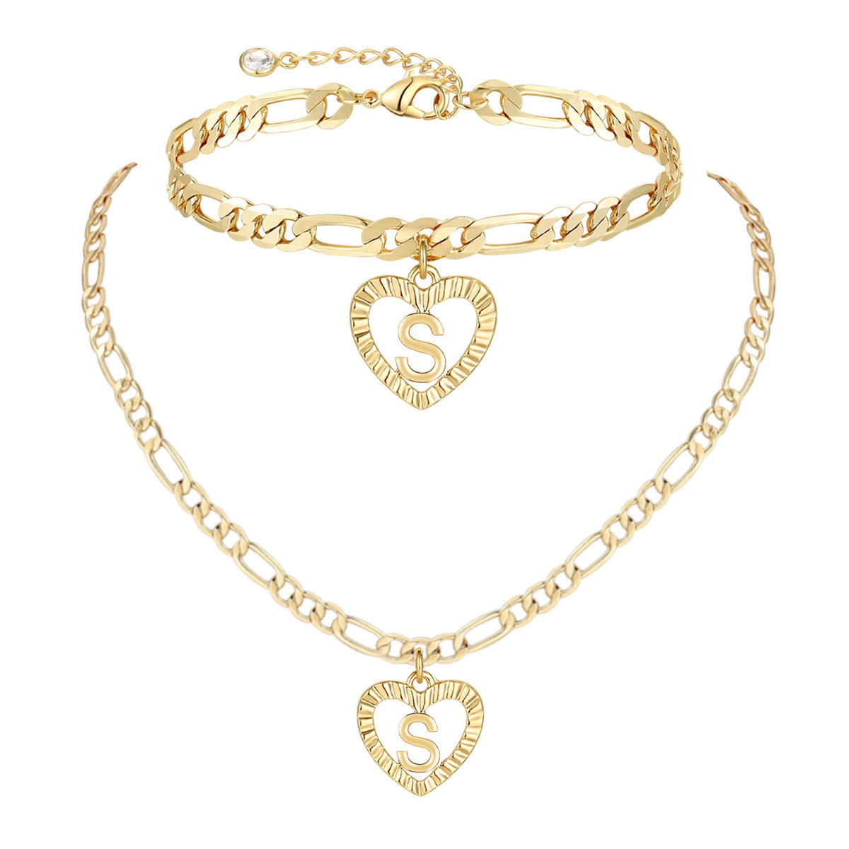 YANODA Gold Initial Pendant Necklace Anklet Bracelet for Women 14K Gold Plated Figaro Chain Letter Initial Heart Necklace Anklets Alphabet Foot Jewelry Personalized Jewelry for Women S