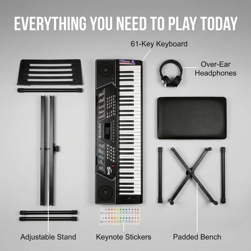 Rockjam RJ5061 RockJam 61 Key Keyboard Piano With Pitch Bend Kit, Keyboard Stand, Piano Bench, Headphones, Simply Piano App & Keynote Stickers, Black