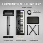 Rockjam RJ5061 RockJam 61 Key Keyboard Piano With Pitch Bend Kit, Keyboard Stand, Piano Bench, Headphones, Simply Piano App & Keynote Stickers, Black