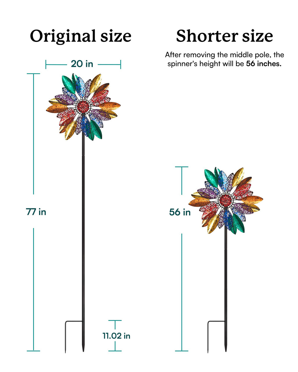 Cyan Oasis Solar Garden Wind Spinners with Light, Metal Yard Wind Spinners with Stake for Outdoor Lawn Decor (20" W x 77" H)